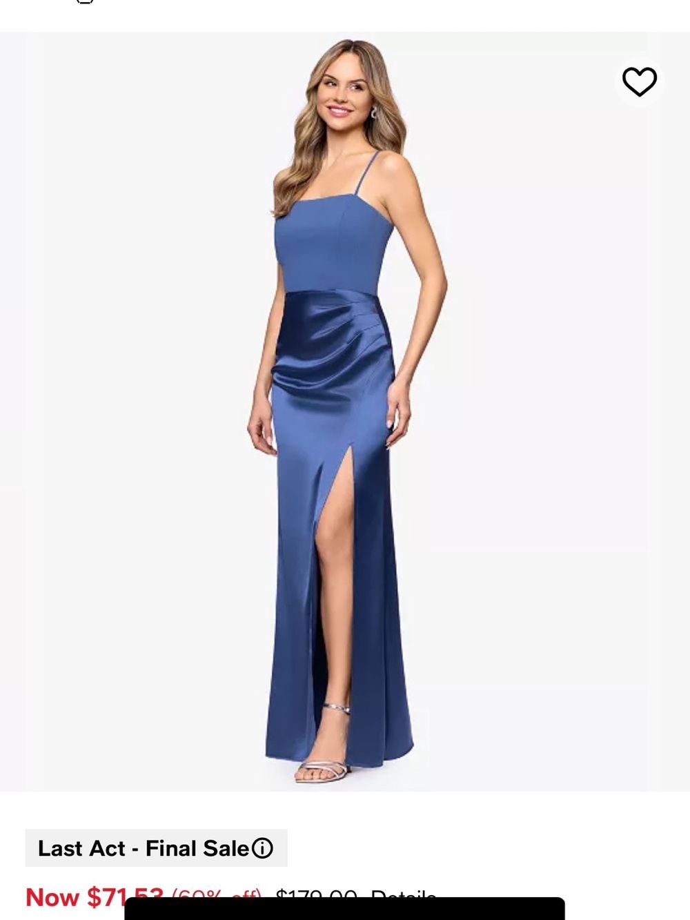 Betsy and Adam Satin High-Slit Spaghetti Strap Evening Dress